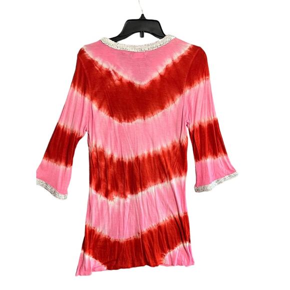 Raviya Swim Coverup Womens Small Red Pink Tie Dyed Sequin Neck Lower Sleeve New - Picture 7 of 7